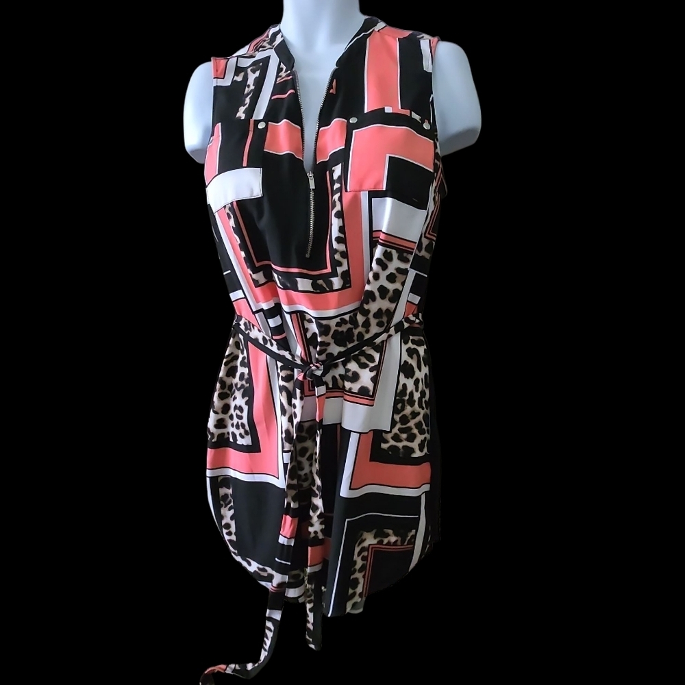NY & Company Sleeveless Shirt Dress Geometric Leopard Print Coral Black White XL